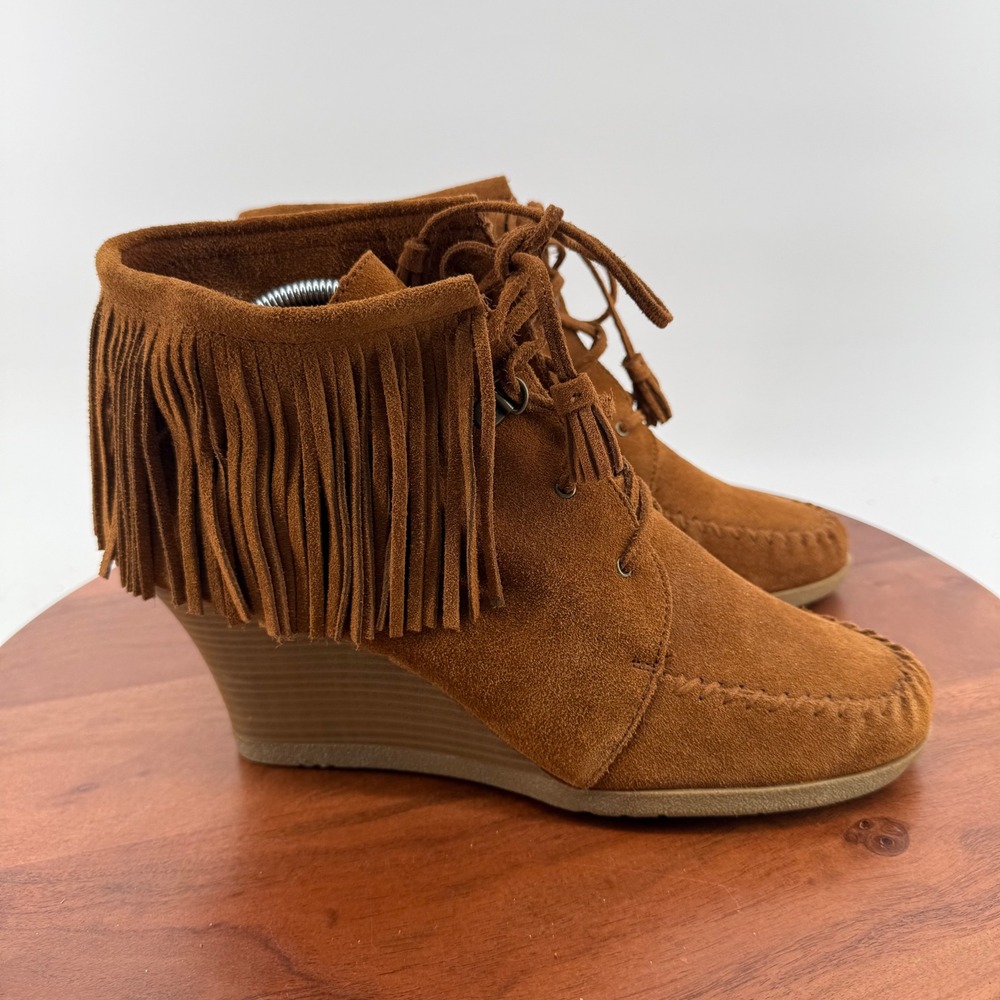 Minnetonka Brown Suede Fringe Wedge Bootie Lace Up Moccasin 84022 Womens 11